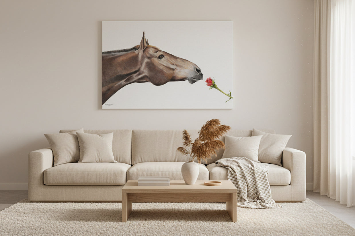 Canvas print of a horse's head with a rose on a textured white wall
