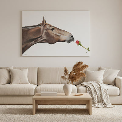 Canvas print of a horse's head with a rose on a textured white wall