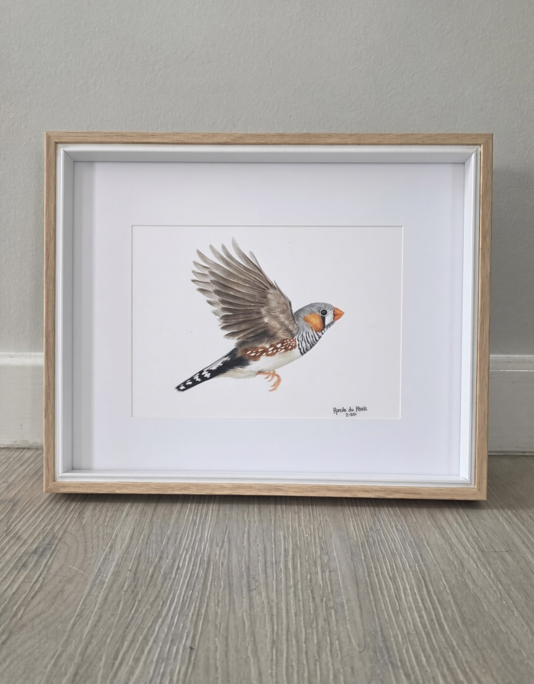 A framed bird drawing of a flying zebra finch, featuring a detailed illustration of the bird in flight with brown, gray, and orange details, set in a light wood frame with a white mat, resting on a gray wood floor against a gray wall.