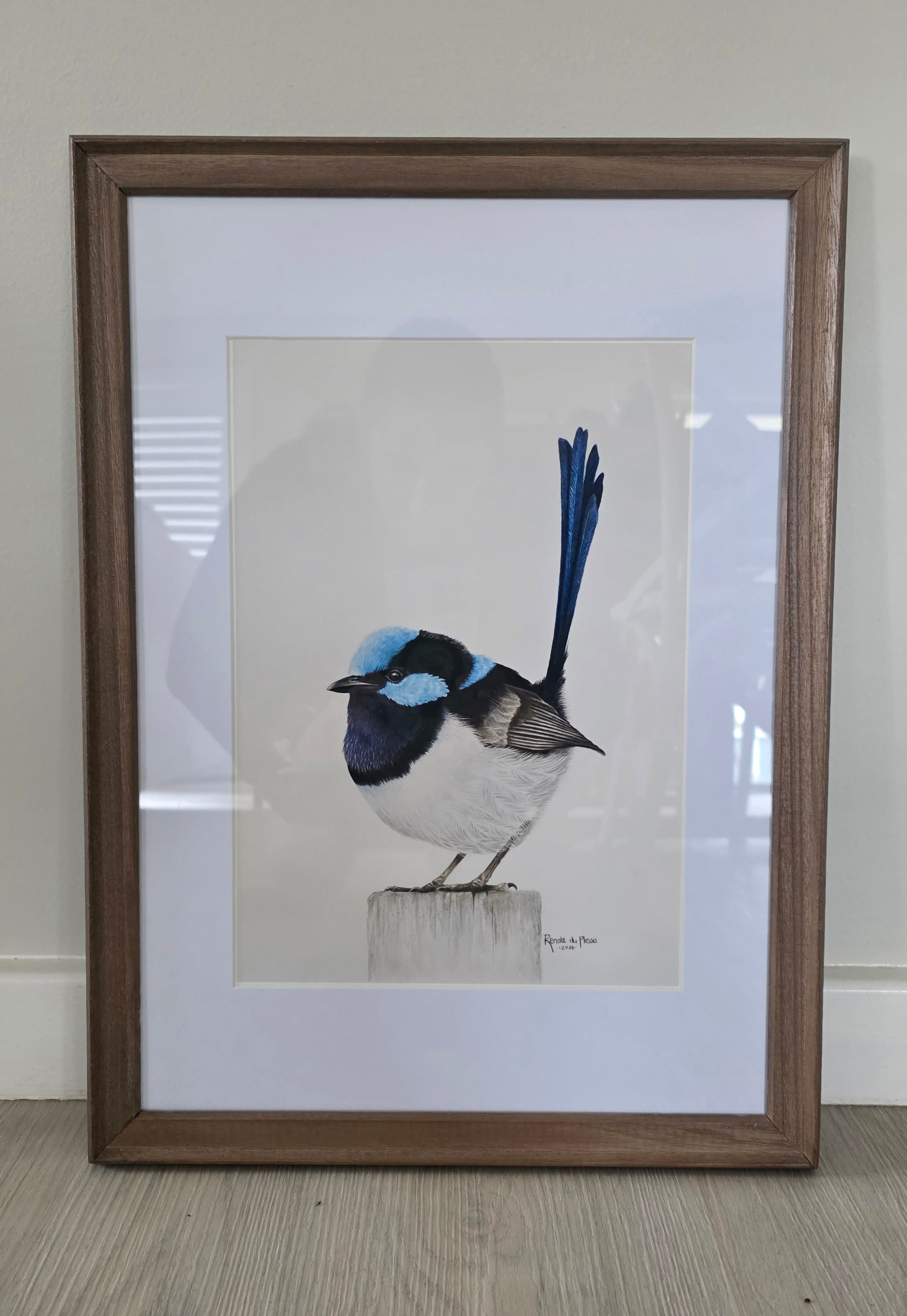 Framed artwork of a bird on a white background