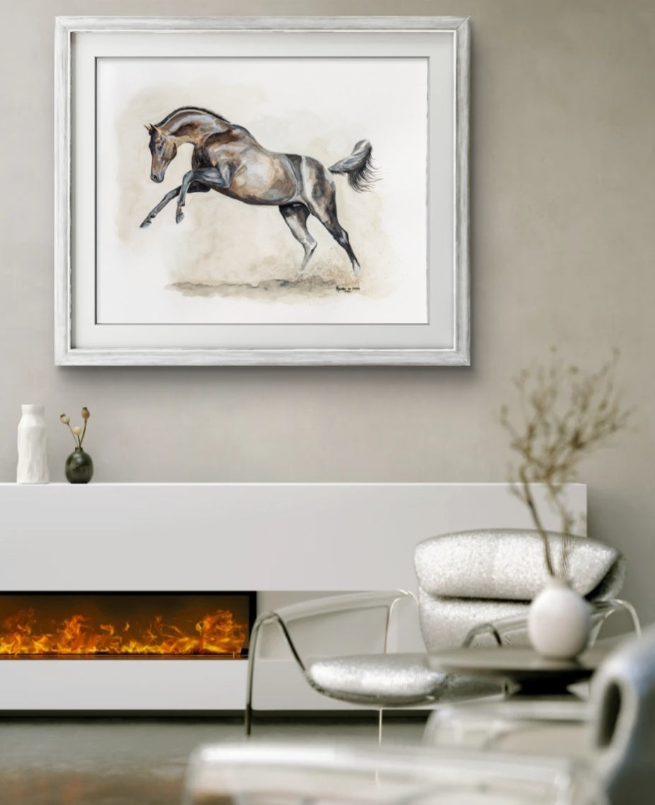 Framed artwork of a horse in a modern living room setting.