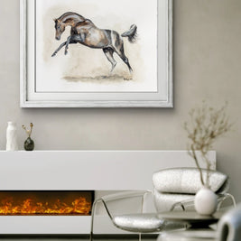 Framed artwork of a horse in a modern living room setting.