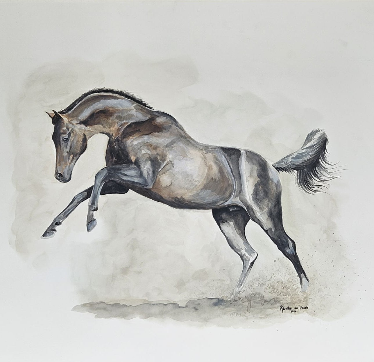 Artistic depiction of a horse rearing on a textured beige background
