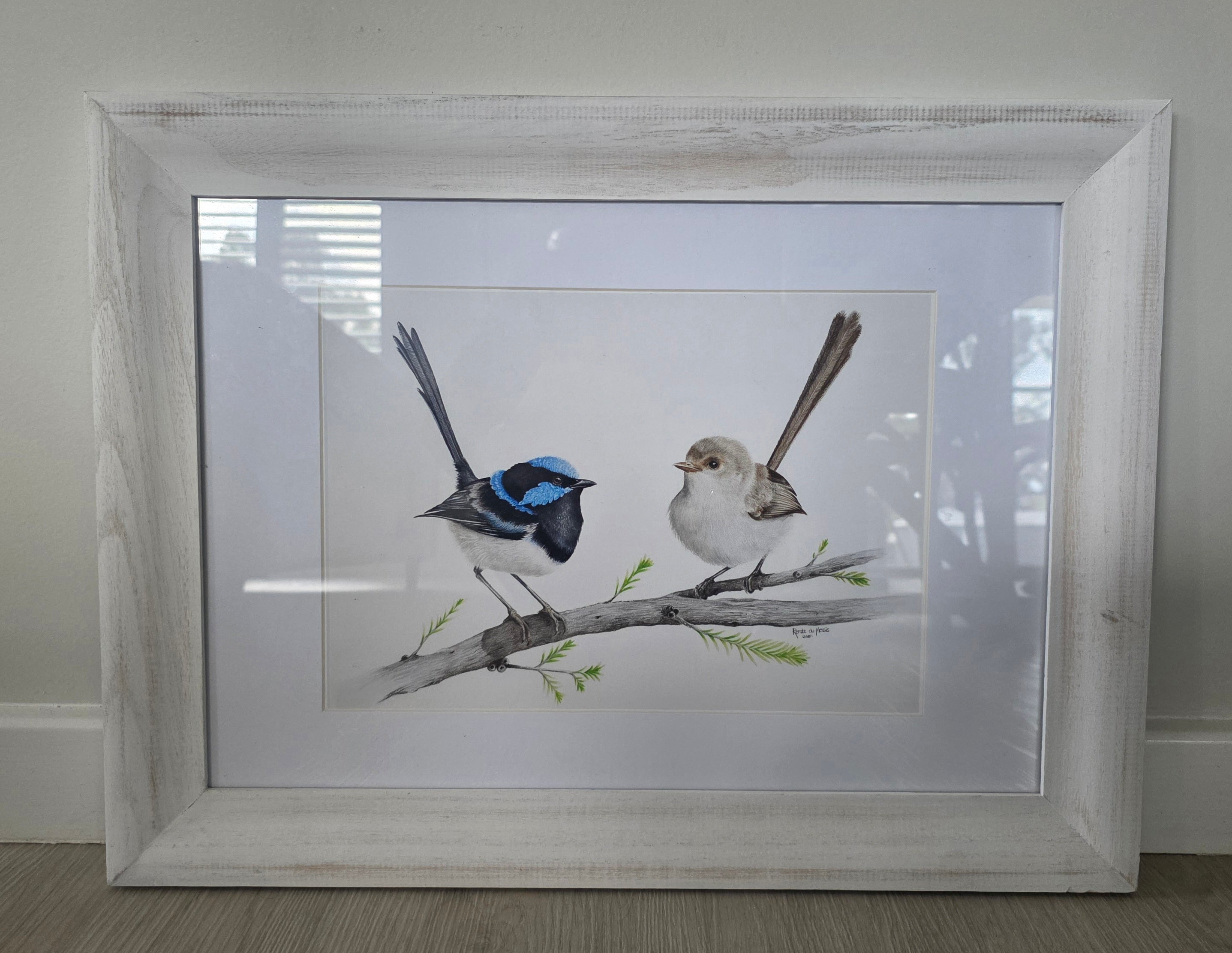 Framed artwork of two birds on a branch