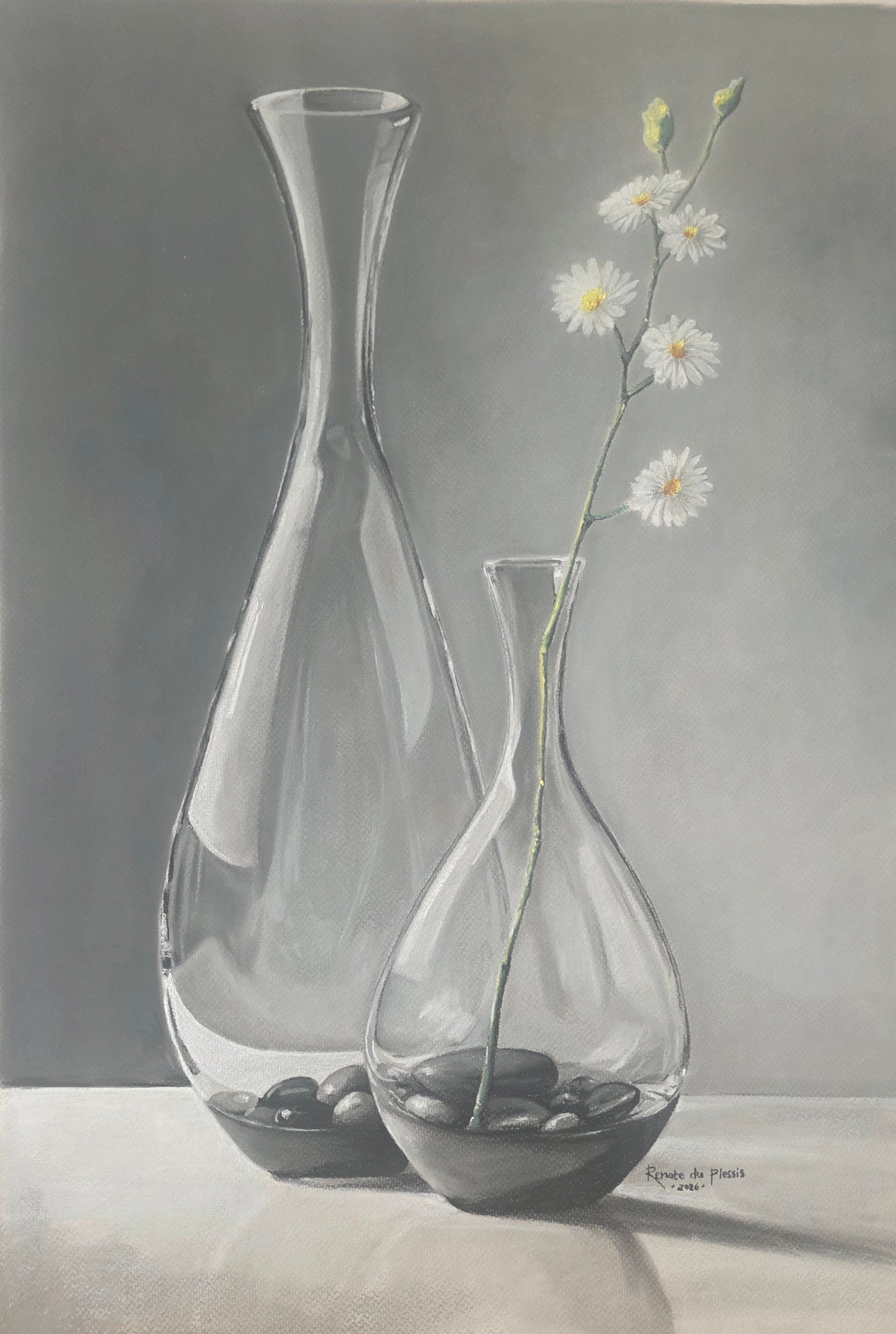 Two clear glass vases with pebbles and a single white flower on a gray background