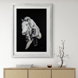 A framing example for the print of the grey horse jumping on a black background