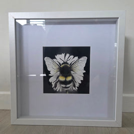Framed artwork of a bee with white wings on a black background