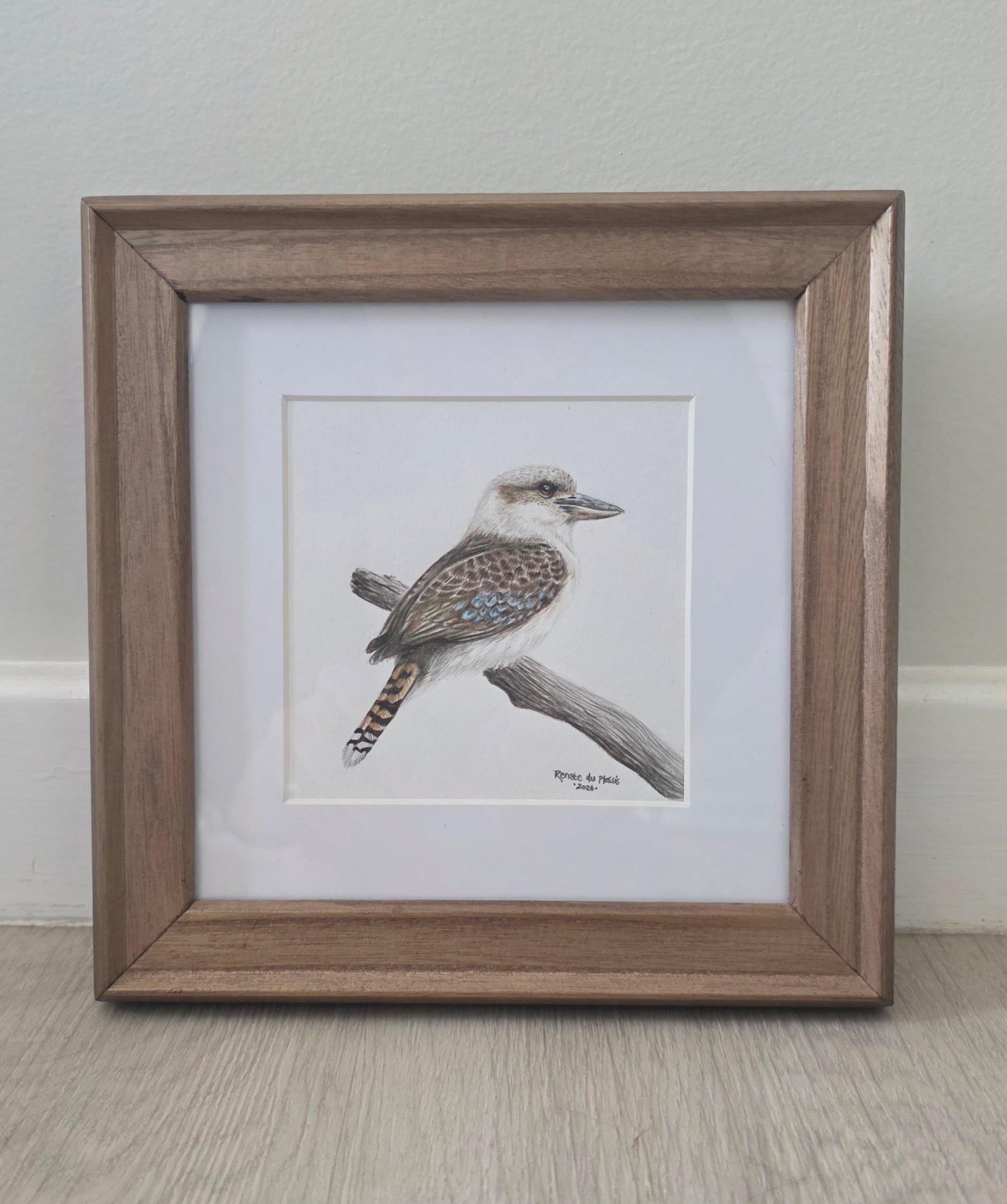 A framed bird illustration drawing showing a kookaburra perched on a branch, set in a white mat and a medium brown wooden frame, resting on a light wood floor against a neutral wall.