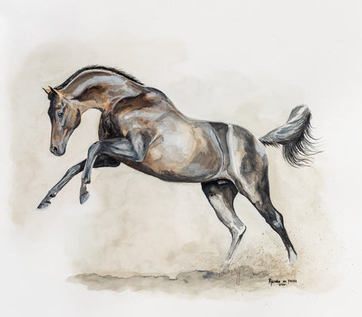 Artistic depiction of a horse rearing on a textured beige background