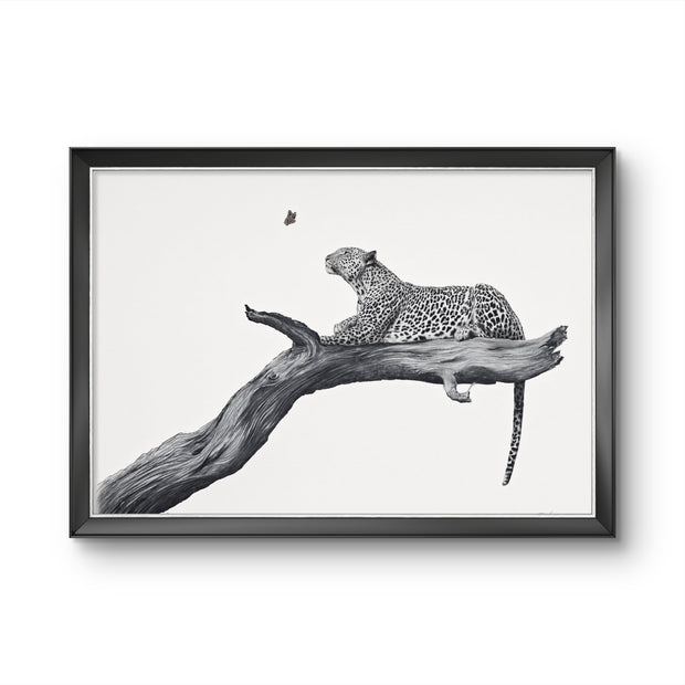 Framed black and white art print featuring a leopard resting on a tree branch, shown against a clean white background.