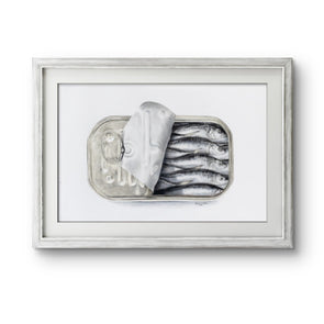 Framed artwork of a still life with a container of fish and a loaf of bread on a white background