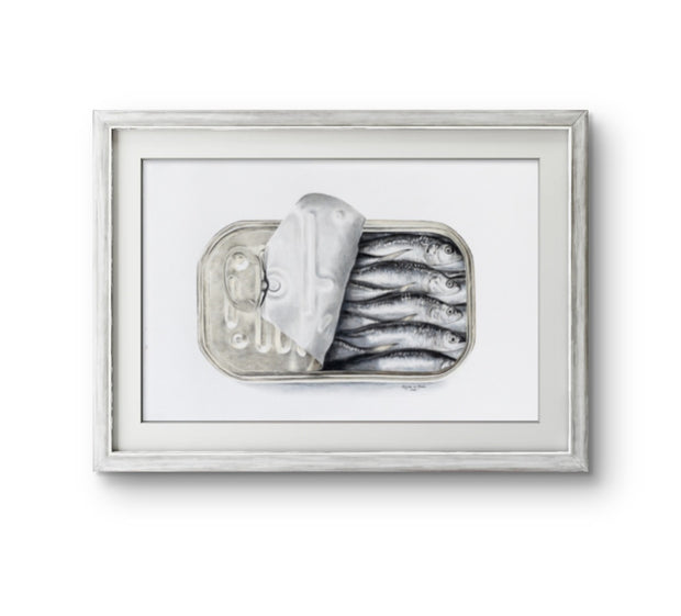 Framed artwork of a still life with a container of fish and a loaf of bread on a white background