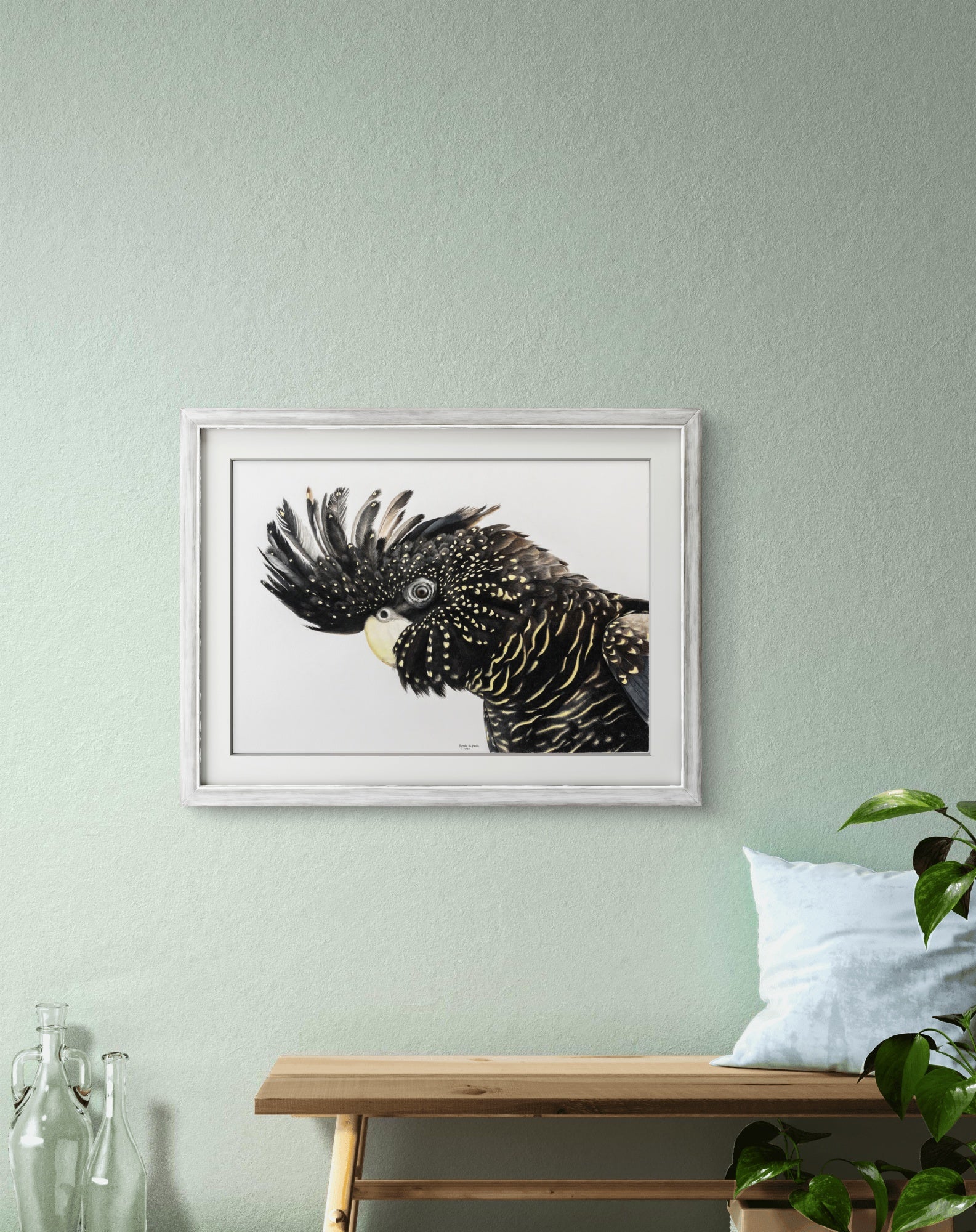 Framed artwork of a parrot on a light green wall with a wooden bench and plant.