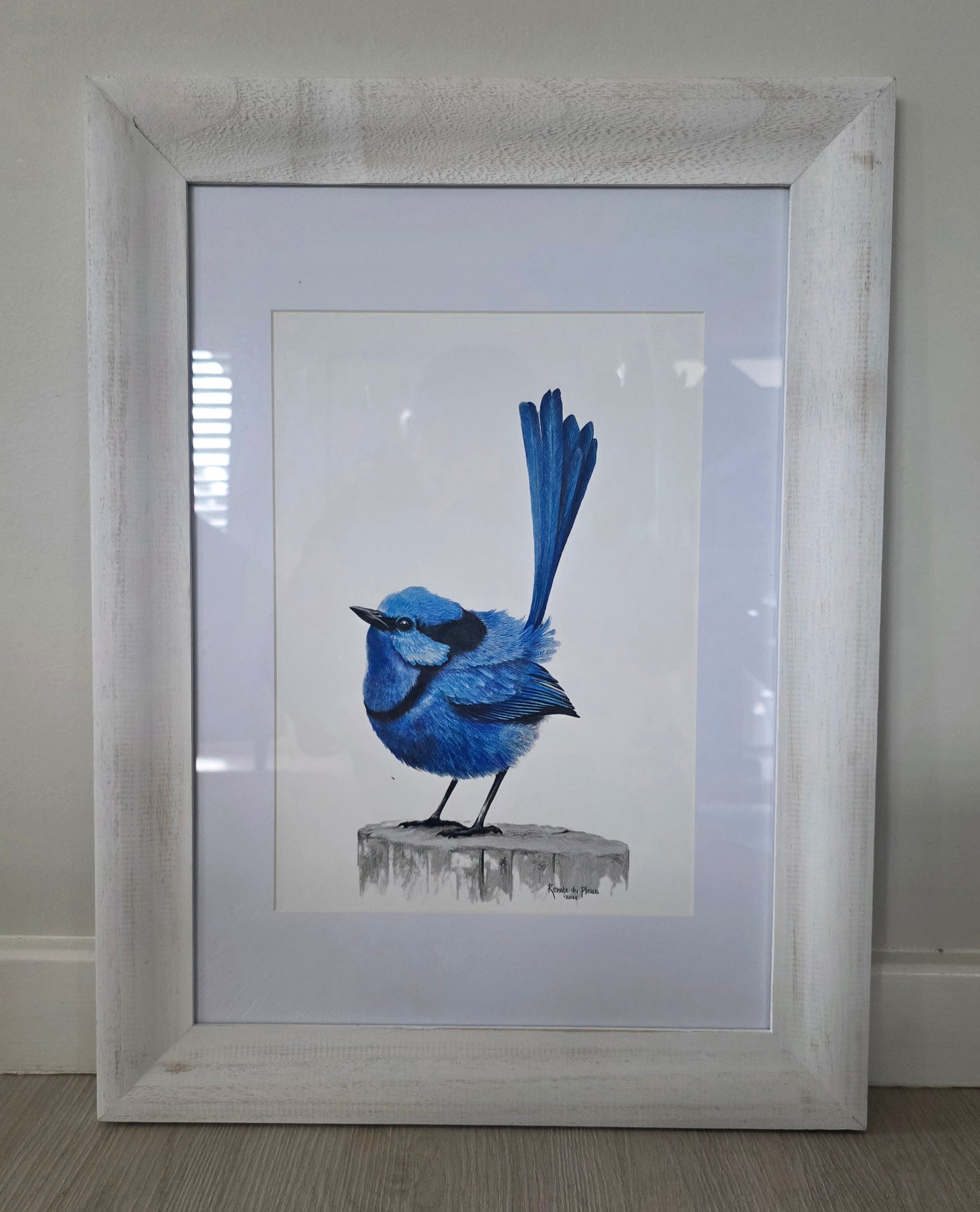 Framed artwork of a blue bird on a white background