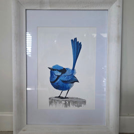 Framed artwork of a blue bird on a white background