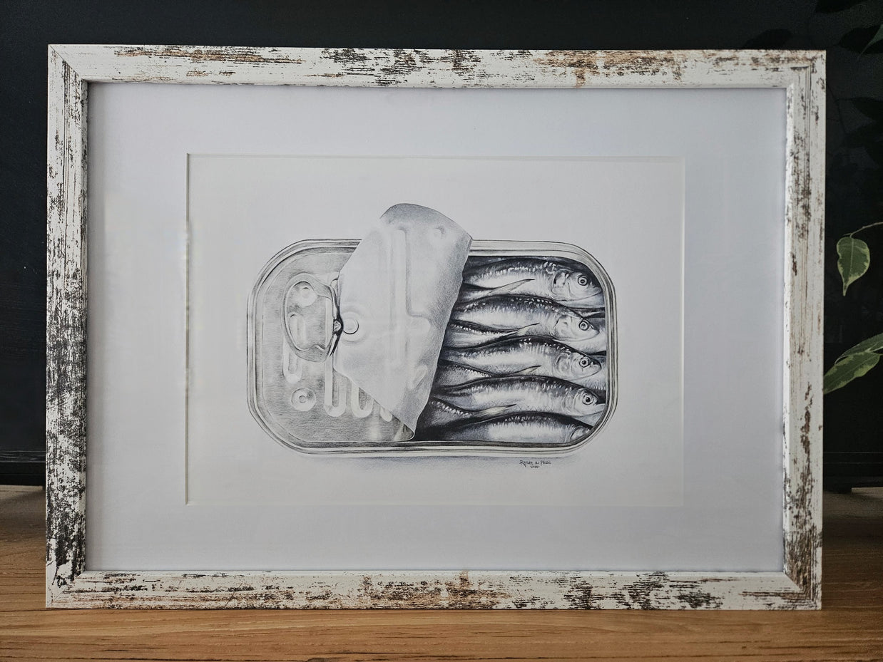 Tin of sardine in a rustic white frame