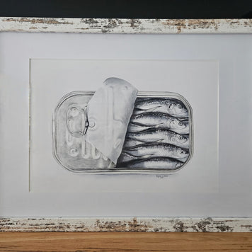 Tin of sardine in a rustic white frame